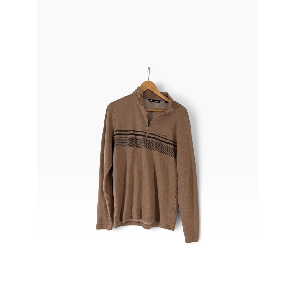 TravisMathew Mens Tan Heather Striped Quarter Zip Pullover Sweater Size M